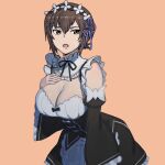  1girl breasts brown_eyes brown_hair cleavage cosplay cowboy_shot detached_sleeves dress frilled_dress frills girls_und_panzer hair_ribbon headdress highres large_breasts leaning_forward maid nishizumi_maho onsen_tamago_(hs_egg) open_mouth orange_background re:zero_kara_hajimeru_isekai_seikatsu rem_(re:zero) rem_(re:zero)_(cosplay) ribbon short_hair simple_background solo 