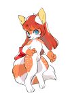  3_toes 4_fingers ailurid aishasoup anthro black_nose blue_eyes bow_ribbon feet female fingers fur hair hi_res inner_ear_fluff looking_at_viewer mammal orange_body orange_fur paws red_hair red_panda simple_background solo toes tuft white_background white_body white_fur 