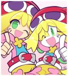  2girls amitie_(puyopuyo) artist_name blonde_hair blush fang furrification furry gloves green_eyes highres index_finger_raised leslietheluna looking_at_viewer multiple_girls one_eye_closed open_mouth puyopuyo short_hair smile white_gloves yellow_fur 