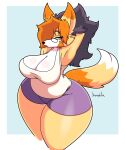  anthro bare_shoulders big_breasts black_hair bottomwear breasts canid canine cheek_tuft cleavage clothed clothing eyelashes eyewear facial_tuft female fox fur glasses hair hair_over_eye half-closed_eyes hands_behind_head hi_res hotpants jhenightfox julie_(jhenightfox) looking_at_viewer mammal multicolored_tail narrowed_eyes one_eye_obstructed orange_body orange_fur orange_hair overweight portrait purple_bottomwear purple_clothing purple_shorts raised_arms shorts solo standing thick_thighs three-quarter_portrait tuft wide_hips yellow_body yellow_fur 