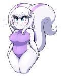  2022 anthro big_tail blush breasts coco_scent_(henrietta_lamb) denzeltip female hi_res mammal mephitid nude short_stack simple_background skunk solo sparkles striped_skunk thick_thighs 