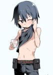  1girl belt belt_pouch black_eyes black_hair breasts clothes_lift cup drinking_glass flat_chest highres kino_(kino_no_tabi) kino_no_tabi navel no_bra one_eye_closed pouch reverse_trap shirt_lift short_hair simple_background small_breasts solo sweat tank_top tomurasuisen water 
