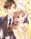  1boy 1girl :d brown_hair copyright_request flower folder formal hetero highres holding holding_folder houndstooth_background id_card lanyard long_sleeves necktie red_eyes smile striped_necktie suit timakosui upper_body 