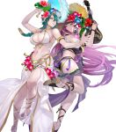  2girls bangs bare_shoulders breasts fire_emblem fire_emblem_heroes full_body green_hair hair_ornament highres holding loki_(fire_emblem) long_hair maeshima_shigeki multiple_girls non-web_source official_art purple_hair shiny shiny_hair swimsuit thorr_(fire_emblem) transparent_background 