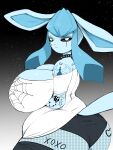  absurd_res anthro big_breasts black_sclera blue_body breasts cleavage clothed clothing collar eeveelution female footwear glaceon goth hi_res legwear looking_at_viewer nintendo overweight panties pok&eacute;mon pok&eacute;mon_(species) pukemilked shirt simple_background slightly_chubby socks solo spiked_collar spikes tattoo thigh_highs thigh_socks topwear underwear video_games 