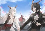  2boys absurdres animal_ears arknights bishounen black_hair black_suit blouse calcite_(arknights) chasehuimao cherry_blossoms cowboy_shot ebenholz_(arknights) formal frills goat_boy goat_ears goat_horns hair_ribbon highres holding_hands horns jewelry long_hair male_focus multiple_boys necklace outdoors purple_eyes ribbon shirt smile suit white_hair white_shirt 