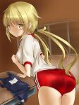  1girl alternate_costume ankake_hitokaji ass blonde_hair blue_swimsuit breasts buruma commentary_request cowboy_shot desk from_behind gym_shirt gym_uniform highres kantai_collection leaning_forward long_hair looking_at_viewer looking_back red_buruma satsuki_(kancolle) school_desk school_swimsuit shirt small_breasts solo swimsuit t-shirt twintails white_shirt yellow_eyes 