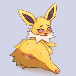  &lt;3 &lt;3_eyes 3_toes anus bedroom_eyes blush bodily_fluids butt eeveelution feet female feral genital_fluids genitals grey_background hi_res jolteon kemono looking_at_viewer lying narrowed_eyes neck_tuft nintendo on_side park_horang pawpads pok&eacute;mon pok&eacute;mon_(species) presenting presenting_hindquarters purple_eyes pussy pussy_juice seductive simple_background solo toes tuft video_games yellow_body 