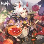  4boys abs absurdres arataki_itto belt black_nails bodypaint cup ear_piercing facepaint flower genshin_impact highres holding horns japanese_clothes long_hair looking_at_viewer male_focus multicolored_hair multiple_boys nail_polish official_art one_eye_closed open_mouth petals piercing red_eyes red_hair sakazuki sitting solo_focus spikes tassel toned toned_male tree vision_(genshin_impact) white_hair 