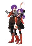  1boy 1girl armor artist_request asymmetrical_clothes bangs breasts cape choker cleavage closed_mouth dual_persona fire_emblem fire_emblem:_three_houses fire_emblem_warriors:_three_hopes gloves hair_bun hair_over_one_eye highres large_breasts long_hair patterned_legwear purple_eyes purple_hair shez_(fire_emblem) shez_(fire_emblem)_(female) shez_(fire_emblem)_(male) simple_background single_hair_bun smile 