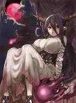  1girl 4410_(kanimiso) antenna_hair bandages black_hair breasts cleavage cloud cloudy_sky danua dress fingerless_gloves fire full_moon gloves granblue_fantasy highres horn_ornament horns huge_breasts long_hair moon night pointy_ears red_eyes red_moon sandals sky solo torn_clothes 