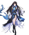  1girl alternate_costume bangs black_dress boots breasts dress fire_emblem fire_emblem:_the_blazing_blade fire_emblem_heroes full_body gloves gradient gradient_clothes grey_eyes hair_ornament highres hirooka_masaki karla_(fire_emblem) knee_boots long_hair long_sleeves looking_at_viewer medium_breasts neon_trim non-web_source official_art parted_lips shiny shiny_hair side_slit smile solo standing thighs transparent_background turtleneck wide_sleeves 