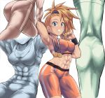  1girl abs arm_behind_head arm_up armpits bare_shoulders blonde_hair breasts captain_mizuki closed_mouth commentary_request commission copyright_request crop_top green_eyes grin hand_up long_hair m.m medal medium_breasts multiple_views one-punch_man orange_shorts ponytail short_shorts shorts simple_background skeb_commission smile sweatband white_background wristband 