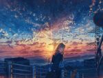  1girl bag blonde_hair building city cloud cloudy_sky dog fence highres kenzo_093 long_hair looking_at_viewer original outdoors road road_sign scenery shopping_bag sign sky star_(sky) starry_sky street sunset transmission_tower yellow_eyes 