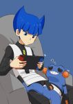  1boy bangs black_pants black_shirt blue_eyes blue_hair blunt_bangs chair closed_mouth commentary_request croagunk handheld_game_console holding holding_handheld_game_console kono2noko logo looking_down male_focus nintendo_switch on_lap pants playing_games pokemon pokemon_(creature) pokemon_(game) pokemon_dppt pokemon_on_lap saturn_(pokemon) shirt short_hair sitting sleeping team_galactic team_galactic_uniform vest white_vest zzz 