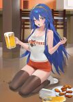  1girl beer_mug blue_eyes blue_hair blush breasts cleavage clothes_writing cup employee_uniform fire_emblem fire_emblem_awakening food hair_between_eyes highres hood_(james_x) hooters long_hair lucina_(fire_emblem) mug no_legwear open_mouth orange_shorts short_shorts shorts smile solo tank_top tiara uniform waitress 