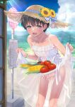  1boy bangs black_hair blush bus_stop condom crossdressing dress grey_eyes hat highres male_focus navel onomi9ta open_mouth original otoko_no_ko outdoors penis small_testicles smile solo straw_hat sundress sweat testicles 