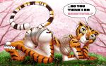  absurd_res all_fours anthro bandage butt cherry_blossom claws clothing dreamworks female fur heartlessangel3d hi_res kung_fu_panda master_tigress orange_body orange_fur paws plant presenting presenting_hindquarters raised_tail solo speech_bubble striped_body stripes underwear white_body white_fur 