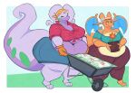  2022 absurd_res aimbot-jones anthro anthrofied belly big_breasts bottomwear breasts charizard clothed clothing digital_media_(artwork) dragon duo eyelashes eyeliner female goo_creature goodra hi_res huge_hips makeup membrane_(anatomy) membranous_wings nintendo orange_body orange_scales overweight overweight_female pok&eacute;mon pok&eacute;mon_(species) purple_body purple_skin scales shorts smile sun_hat thick_tail topwear video_games wings 