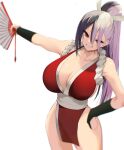  1girl black_hair breasts cleavage cosplay folding_fan grin hand_fan hand_on_hip high_ponytail highres holding holding_fan indie_virtual_youtuber japanese_clothes large_breasts long_hair looking_at_viewer multicolored_hair ninja pelvic_curtain red_eyes revealing_clothes rope satou_daiji shiranui_mai shiranui_mai_(cosplay) smile solo the_king_of_fighters towa_(towa_akqj10) virtual_youtuber 