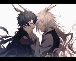 absurdres animal_ears arknights azure_silan bishounen black_hair blouse calcite_(arknights) closed_eyes closed_mouth crying ebenholz_(arknights) goat_boy goat_ears goat_horns hair_ribbon highres horns long_hair male_focus ribbon shirt vest white_hair white_shirt 