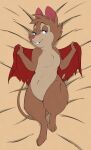  2022 absurd_res anthro blue_eyes breasts brown_body brown_fur buckteeth cape clothing denzeltip don_bluth female fur hi_res lying mammal mouse mrs._brisby murid murine nude on_back rodent simple_background solo teeth the_secret_of_nimh 