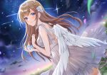  1girl angel_wings artist_name blue_eyes blush brown_hair closed_mouth commentary_request dress feathered_wings long_hair looking_at_viewer looking_to_the_side night night_sky niwata0 original outdoors shooting_star sky smile solo tears twitter_username watermark white_dress wings 
