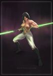  1girl abs artist_name black_hair bob_cut breasts crop_top energy_sword english_text highres holding holding_weapon knights_of_the_old_republic large_breasts lightsaber looking_at_viewer meridaladida midriff muscular muscular_female sleeveless sleeveless_jacket star_wars sword tattoo topless weapon 