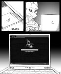  2016 anthro clothing comic computer desk dragon drawer english_text furniture hi_res horn if_hell_had_a_taste laptop male sales scar shirt skylar_fidchell solo table text topwear url viroveteruscy web_browser 