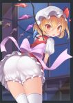  1girl :p absurdres ass blonde_hair bloomers bow cowboy_shot crotch crystal flandre_scarlet frilled_skirt frills harunoha hat hat_bow heart highres indoors leaning_forward looking_at_viewer mob_cap night one_side_up pink_bow puffy_short_sleeves puffy_sleeves red_bow red_eyes red_skirt red_vest shirt short_hair short_sleeves skirt slit_pupils solo standing thighhighs thighs tongue tongue_out touhou underwear vest waist_bow white_headwear white_legwear white_shirt window wings 