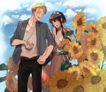  1boy 1girl absurdres bangs black_hair blonde_hair blue_sky blurry blurry_foreground cloud cloudy_sky collarbone couple earrings flower hairband highres holding_hands jewelry kaya_(yyao_mie) long_hair open_clothes open_mouth pants ring shirt sidelocks skirt sky spy_x_family sunflower twilight_(spy_x_family) yor_briar 