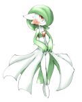  ambiguous_gender blush bodily_fluids crossed_legs doneru gardevoir green_hair hair looking_up nintendo pok&eacute;mon pok&eacute;mon_(species) simple_background solo sweat sweatdrop video_games white_body 