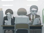  1girl 2boys absurdres avogado6 belt blurry blurry_background brown_hair chair classroom commentary desk expressionless formal from_behind grey_hair highres holding holding_pen jitome looking_down multiple_boys necktie original paper pen ponytail short_hair talking 