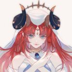  1girl bare_shoulders black_horns blue_veil cross detached_sleeves forehead_jewel genshin_impact horns light_blue_eyes long_hair looking_at_viewer nilou_(genshin_impact) off_shoulder ornament red_hair red_nails shirt solo upper_body veil wenling65606 white_background 