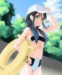  1girl baseball_cap black_hair blue_hair blue_sky breasts cloud commentary_request cowboy_shot day gradient_hair green_eyes grin hat innertube kahakurei kantai_collection long_hair looking_at_viewer low_twintails multicolored_hair navel outdoors ribbon sky small_breasts smile solo suzukaze_(kancolle) twintails two-tone_bikini unfinished white_headwear 