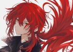  1boy bangs black_coat closed_mouth coat cocoa_miel diluc_(genshin_impact) genshin_impact grey_background hair_between_eyes highres long_hair looking_at_viewer male_focus ponytail red_eyes red_hair sidelocks signature simple_background solo upper_body very_long_hair 