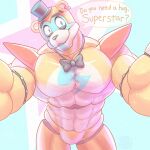  2022 abs absurd_res animatronic anthro barazoku biceps bodypaint bow_tie bracelet bulge clothing digital_media_(artwork) ear_piercing ear_ring english_text eyebrows face_paint first_person_view five_nights_at_freddy&#039;s five_nights_at_freddy&#039;s:_security_breach glamrock_freddy_(fnaf) hat headgear headwear hi_res jewelry machine male mammal muscular muscular_anthro muscular_male pecs piercing ring_piercing robot scottgames smile solo speech_bubble text thebarabandit top_hat ursid video_games 