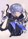  1boy black_cat blue_eyes cat elsword facing_to_the_side gloves grey_hair highres kurayuki0404 liberator_(elsword) looking_ahead male_focus necktie noah_(elsword) short_hair short_sleeves solo 