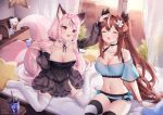  ahoge animal_ears bedroom breasts bubble_tea cat_girl cleavage cowlick fox_ears fox_girl fox_tail highres indie_virtual_youtuber lilya_kyomi_(fiwivt) mafu_(vtuber) midriff nami_(nyaa) petals pink_hair second-party_source tail thighhighs thighs twintails 