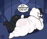  2022 2d_animation animated anthro big_butt black_body black_eyes black_nose blush body_blush butt butt_blush danganronpa detailed_background dialogue english_text genetic_chimerism grin looking_at_viewer looking_back looking_back_at_viewer loop lying male mammal monokuma multicolored_body no_sound nude on_front overweight overweight_anthro overweight_male red_eyes round_ears short_playtime short_tail smile solo speech_bubble tail_motion tailwag talking_to_viewer teeth text trashtoonz two_tone_body ursid ursine video_games white_body 