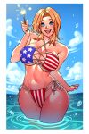  1girl absurdres american_flag_bikini bare_shoulders bikini blonde_hair blue_sky breasts celebration cleavage cloud english_commentary fireworks flag_print fourth_of_july highres july large_breasts lips navel ocean original outside_border partially_submerged ravenousruss sky sparks summer swimsuit 