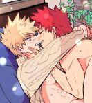  2boys arms_around_neck bakugou_katsuki blonde_hair blush boku_no_hero_academia closed_eyes kirishima_eijirou looking_at_another male_focus multiple_boys nipples open_mouth plant red_eyes red_hair sharp_teeth spiked_hair sweater teeth topless_male umasara yaoi 