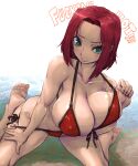  amania_orz bare_shoulders bikini bikini_pull blush breasts cleavage clothes_pull code_geass green_eyes highres kallen_stadtfeld kneeling large_breasts looking_at_viewer navel red_bikini red_hair shiny shiny_hair shiny_skin short_hair side-tie_bikini skindentation smile solo swimsuit 