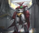  4others absurdres boridongja cable cape clenched_hands getter-1 getter_robo getter_robo_(1st_series) hangar highres looking_down mecha multiple_others red_cape robot science_fiction size_difference solo_focus super_robot torn torn_cape torn_clothes yellow_eyes 