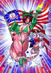  4th_july absurd_res american_flag_hat american_flag_jacket american_flag_legwear ankle_warmers barefoot big_breasts big_butt bikini blue_eyes book breasts bright_colors brown_hair butt claws clothing crown duo feet female goudadunn gradient_background green_bikini green_clothing green_swimwear hair hi_res huge_breasts huge_butt hyper hyper_butt hyper_hips hyper_tail jumping larger_female lips looking_at_viewer male male/female male/male motion_lines multicolored_body muscular muscular_female necktie one_eye_obstructed pan_(goudadunn) pink_body pink_skin pouting pouting_lips props purple_body red_necktie shaded simple_background size_difference smaller_male smile smiling_at_viewer stars_and_stripes statue_of_liberty swimwear tenny_(goudadunn) thick_bottom_lip thick_lips thick_tail thick_thighs tiara toe_claws torch two_tone_body united_states_of_america unknown_species voluptuous_female wide_hips 