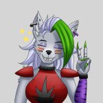  anthro blush canid canine canis collar ear_piercing eyes_closed female five_nights_at_freddy&#039;s five_nights_at_freddy&#039;s:_security_breach gesture hi_res mammal piercing roxanne_wolf_(fnaf) scottgames sharp_teeth smile solo spiked_collar spikes teeth v_sign video_games wolf zachc 