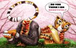 absurd_res all_fours anthro butt cherry_blossom claws clothed clothing dreamworks female fur heartlessangel3d hi_res kung_fu_panda master_tigress orange_body orange_fur paws plant presenting presenting_hindquarters raised_tail solo speech_bubble striped_body stripes white_body white_fur 