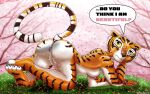  absurd_res all_fours anthro anus breasts butt cherry_blossom claws dreamworks female fur genitals heartlessangel3d hi_res kung_fu_panda master_tigress nude orange_body orange_fur paws plant presenting presenting_hindquarters pussy raised_tail solo speech_bubble striped_body stripes white_body white_fur 