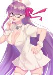  12_hnt 1girl absurdres bangs bb_(bb_shot!)_(fate) bb_(fate) black-framed_eyewear blush breasts choker cleavage dress fate/extra fate/extra_ccc fate/grand_order fate_(series) glasses hair_ribbon hand_on_hip hat highres index_finger_raised large_breasts long_hair looking_at_viewer nurse nurse_cap one_eye_closed open_mouth plunging_neckline purple_eyes purple_hair ribbon short_dress short_sleeves simple_background smile solo very_long_hair white_background white_choker white_dress wrist_cuffs 