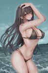  1girl amane_ruri arms_up bangs bikini black_bikini black_hair blush breasts cleavage closed_mouth large_breasts long_hair looking_at_viewer original outdoors partially_submerged solo swimsuit thighs water 